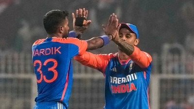India's Hardik Pandya, left, celebrates with captain Suryakumar Yadav (PTI) India's Hardik Pandya, left, celebrates with captain Suryakumar Yadav (PTI)