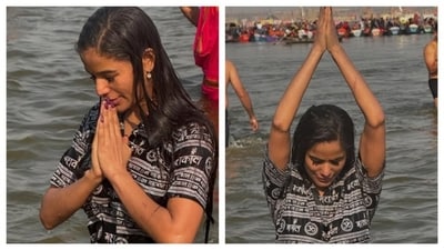Poonam Pandey prays and takes dip in Ganga at Mahakumbh. (PC: IG/poonampandeyreal) Poonam Pandey prays and takes dip in Ganga at Mahakumbh. (PC: IG/poonampandeyreal)