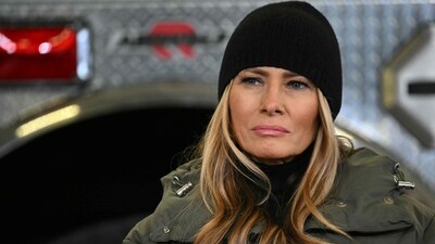 US First Lady Melania Trump attends a Hurricane Helene recovery briefing in a hangar at the Asheville Regional Airport in Fletcher, North Carolina, on January 24, 2025. (Photo by Mandel NGAN / AFP) (AFP)