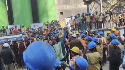 Workers gather after a slab collapse incident at a cement factory in Madhya Pradesh's Panna district. (PTI/Video screengrab) Workers gather after a slab collapse incident at a cement factory in Madhya Pradesh's Panna district. (PTI/Video screengrab)