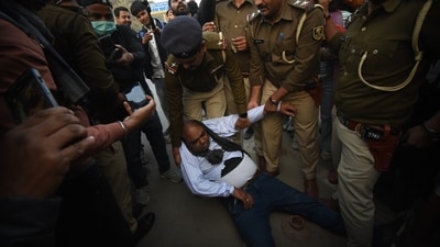 Bihar Police detain a candidate staging a protest seeking cancellation of the BPSC 70th Prelims exam 2024 at Patna.&nbsp; (Santosh Kumar )