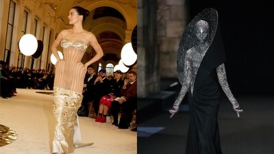 Kendall Jenner in Schiaparelli and a model wearing Gaurav Gupta Kendall Jenner in Schiaparelli and a model wearing Gaurav Gupta