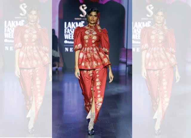 Shruti Sancheti’s brand, Pinnacle, incorporates jamawar fabrics in peplum tops and pantsuits. Shruti Sancheti’s brand, Pinnacle, incorporates jamawar fabrics in peplum tops and pantsuits.