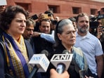 Lok Sabha LoP and Congress MP Rahul Gandhi, Congress Parliamentary Party chairperson Sonia Gandhi and party General Secretary Priyanka Gandhi Vadra arrive to attend the first day of the Budget Session, at Parliament House in New Delhi on Friday.