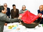 Finance minister Nirmala Sitharaman at the halwa ceremony to mark the commencement of the final stage of preparations for Interim Union Budget 2024 in New Delhi on January 24. (PTI)