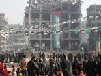 A drone view of people gathering during the arrival of the freed Palestinian prisoners, after they were released from an Israeli jail as part of a hostages-prisoners swap and a ceasefire deal in Gaza between Hamas and Israel, in Ramallah, in the Israeli-occupied West Bank.