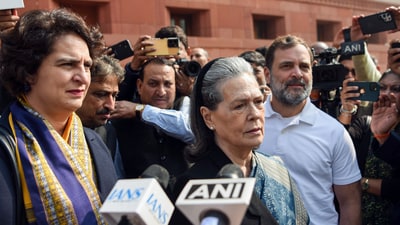 Lok Sabha LoP and Congress MP Rahul Gandhi, Congress Parliamentary Party chairperson Sonia Gandhi and party General Secretary Priyanka Gandhi Vadra arrive to attend the first day of the Budget Session, at Parliament House in New Delhi on Friday. (ANI) Lok Sabha LoP and Congress MP Rahul Gandhi, Congress Parliamentary Party chairperson Sonia Gandhi and party General Secretary Priyanka Gandhi Vadra arrive to attend the first day of the Budget Session, at Parliament House in New Delhi on Friday. (ANI)