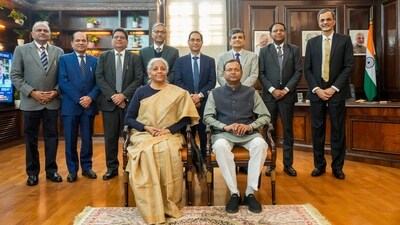 Nirmala Sitharaman poses for group photo with Minister of State Pankaj Chaudhary and the full budget 2025-26 team after giving final touches to the Union Budget, in New Delhi, Friday, Jan. 31, 2025. (PTI) Nirmala Sitharaman poses for group photo with Minister of State Pankaj Chaudhary and the full budget 2025-26 team after giving final touches to the Union Budget, in New Delhi, Friday, Jan. 31, 2025. (PTI)