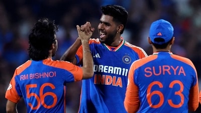 India's Harshit Rana and Ravi Bishnoi celebrate the wicket of England's Jamie Overton (REUTERS)