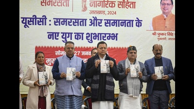 Dehradun: Uttarakhand Chief Minister Pushkar Singh Dhami during an event to announce the implementation of the Uniform Civil Code (UCC), in Dehradun, Uttarakhand, Monday, Jan. 27, 2025. (PTI Photo)(PTI01_27_2025_000157A) (PTI) Dehradun: Uttarakhand Chief Minister Pushkar Singh Dhami during an event to announce the implementation of the Uniform Civil Code (UCC), in Dehradun, Uttarakhand, Monday, Jan. 27, 2025. (PTI Photo)(PTI01_27_2025_000157A) (PTI)
