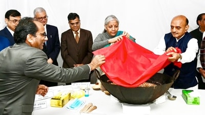 Finance minister Nirmala Sitharaman at the halwa ceremony to mark the commencement of the final stage of preparations for Interim Union Budget 2024 in New Delhi on January 24. (PTI) Finance minister Nirmala Sitharaman at the halwa ceremony to mark the commencement of the final stage of preparations for Interim Union Budget 2024 in New Delhi on January 24. (PTI)