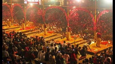 Ganga Arti performed at Dashashwamedh Ghat in Varanasi on Friday. (HT Photo) Ganga Arti performed at Dashashwamedh Ghat in Varanasi on Friday. (HT Photo)