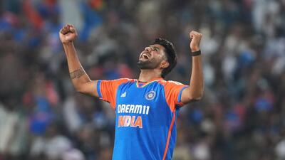 Harshit Rana celebrates the wicket of England’s Jamie Overton during the 4th T20I in Pune on Friday. (PTI) Harshit Rana celebrates the wicket of England’s Jamie Overton during the 4th T20I in Pune on Friday. (PTI)