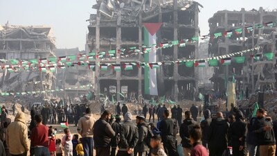 A drone view showed people gathering in the war-ravaged region of Gaza during the arrival of the freed Palestinian prisoners (REUTERS)