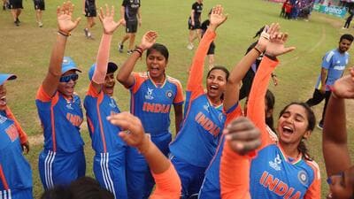 India players celebrate after beating England to enter the final of Women’s U19 T20 World Cup in Kuala Lumpur. (ICC via Getty Images) India players celebrate after beating England to enter the final of Women’s U19 T20 World Cup in Kuala Lumpur. (ICC via Getty Images)