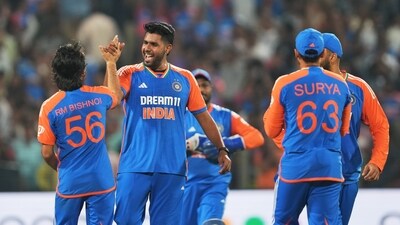 Indian bowler Harshit Rana with teammates celebrates the wicket of England batter Jamie Overton (PTI) Indian bowler Harshit Rana with teammates celebrates the wicket of England batter Jamie Overton (PTI)