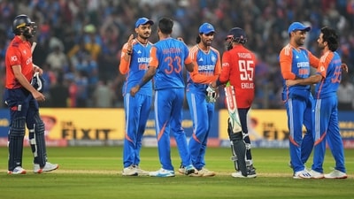 With England needing 19 to win off the last over, Arshdeep finished it off by dismissing Mahmood off the fourth ball.&nbsp; (PTI)