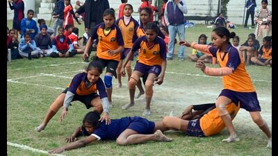 Players during a kabaddi game at 85th Kila Raipur Games in Ludhiana district on Friday. (Gurpreet Singh/HT)