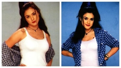 As Preity Zinta turned 50 this year, let's go through some of her iconic looks. This first one from a photoshoot captures a cool, chic style with tank top, layered with a blue shirt. The channels the 90s classic tomboyish casual style. (PC: Pinterest) As Preity Zinta turned 50 this year, let's go through some of her iconic looks. This first one from a photoshoot captures a cool, chic style with tank top, layered with a blue shirt. The channels the 90s classic tomboyish casual style. (PC: Pinterest)