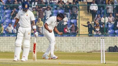 Railways' Himanshu Sangwan celebrates the wicket of Delhi's Virat Kohli at the Arun Jaitley Stadium on Friday. (PTI) Railways' Himanshu Sangwan celebrates the wicket of Delhi's Virat Kohli at the Arun Jaitley Stadium on Friday. (PTI)