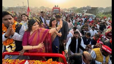 SP MP Dimple Yadav during a road show in Milkipur on January 30. (Sourced) SP MP Dimple Yadav during a road show in Milkipur on January 30. (Sourced)