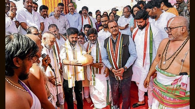 Telangana chief minister A Revanth Reddy lays the foundation stone for the hospital in Hyderabad on Friday. State deputy chief minister Mallu Bhatti Vikramarka is also seen. (ANI) Telangana chief minister A Revanth Reddy lays the foundation stone for the hospital in Hyderabad on Friday. State deputy chief minister Mallu Bhatti Vikramarka is also seen. (ANI)