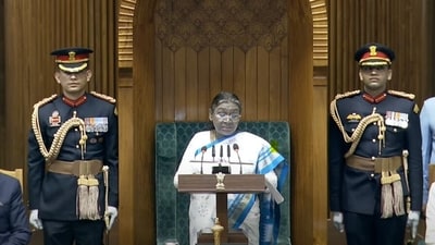President Droupadi Murmu in Parliament on Friday (YouTube/Sansad TV) President Droupadi Murmu in Parliament on Friday (YouTube/Sansad TV)