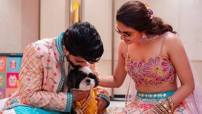 Keerthy and Antony’s pet Nyke, named after both of them, was also a part of the wedding events in Goa. Keerthy and Antony’s pet Nyke, named after both of them, was also a part of the wedding events in Goa.