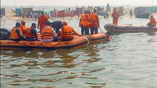 Search and rescue work underway after a boat capsized after bein ng hit by another in the Ganga river in Varanasi on Friday (PTI)