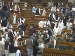 Union finance minister Nirmala Sitharaman being greeted by her cabinet colleagues in the Lok Sabha after presenting Budget 2025. (screengrab) Union finance minister Nirmala Sitharaman being greeted by her cabinet colleagues in the Lok Sabha after presenting Budget 2025. (screengrab)