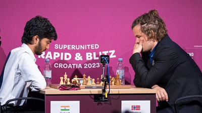 D Gukesh and Magnus Carlsen during a match. D Gukesh and Magnus Carlsen during a match.