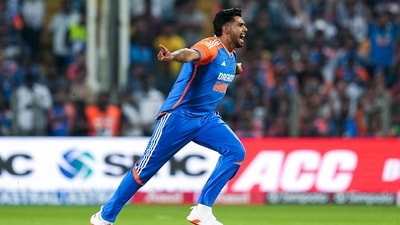 India's Harshit Rana celebrates the dismissal of England's Liam Livingstone during the 4th T20I, at Maharashtra Cricket Association Stadium in Pune. (BCCI X) India's Harshit Rana celebrates the dismissal of England's Liam Livingstone during the 4th T20I, at Maharashtra Cricket Association Stadium in Pune. (BCCI X)
