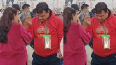 A heartwarming video from the Maha Kumbh Mela showed a husband helping his wife with makeup. (Instagram/saundarya_shukla) A heartwarming video from the Maha Kumbh Mela showed a husband helping his wife with makeup. (Instagram/saundarya_shukla)