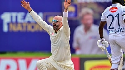 Australia's Nathan Lyon (L) successfully appeals for leg before wicket (LBW) against Sri Lanka's Angelo Mathews during the fourth day of the first Test (AFP) Australia's Nathan Lyon (L) successfully appeals for leg before wicket (LBW) against Sri Lanka's Angelo Mathews during the fourth day of the first Test (AFP)
