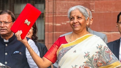 Nirmala Sitharaman with Union Minister of State for Finance Pankaj Chaudhary and other officials outside the Finance Ministry ahead of the presentation of the Union Budget 2025-26. (file image) (PTI) Nirmala Sitharaman with Union Minister of State for Finance Pankaj Chaudhary and other officials outside the Finance Ministry ahead of the presentation of the Union Budget 2025-26. (file image) (PTI)
