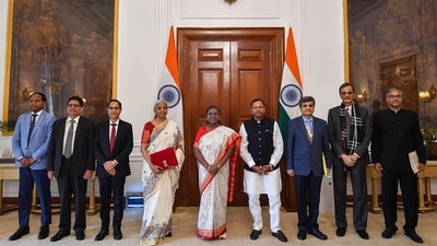 Nirmala Sitharaman on Saturday called on President Droupadi Murmu at Rashtrapati Bhavan in New Delhi before presenting the Union Budget 2025. Union Minister of State for Finance Pankaj Chaudhary and others also joined her (ANI) Nirmala Sitharaman on Saturday called on President Droupadi Murmu at Rashtrapati Bhavan in New Delhi before presenting the Union Budget 2025. Union Minister of State for Finance Pankaj Chaudhary and others also joined her (ANI)