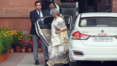 Nirmala Sitharaman arrives at the Finance Ministry ahead of the presentation of the ‘Union Budget 2025-26’, in New Delhi. (Hindustan Times) Nirmala Sitharaman arrives at the Finance Ministry ahead of the presentation of the ‘Union Budget 2025-26’, in New Delhi. (Hindustan Times)