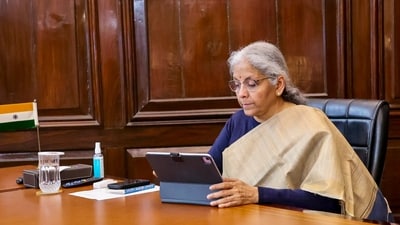 Union finance minister Nirmala Sitharaman gives final touches to the Union Budget 2025-26 at her office in North Block, in New Delhi. (PTI) Union finance minister Nirmala Sitharaman gives final touches to the Union Budget 2025-26 at her office in North Block, in New Delhi. (PTI)