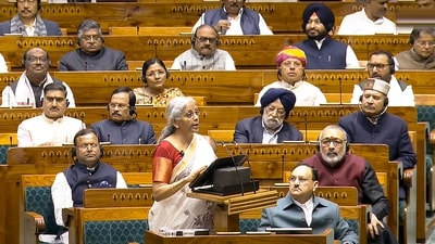 Union Finance Minister Nirmala Sitharaman presents the Union Budget 2025-26 in the Lok Sabha, in New Delhi, Saturday. (Sansad TV) Union Finance Minister Nirmala Sitharaman presents the Union Budget 2025-26 in the Lok Sabha, in New Delhi, Saturday. (Sansad TV)