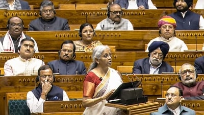 Union Finance Minister Nirmala Sitharaman presents the Union Budget 2025-26 in the Lok Sabha, in New Delhi, Saturday. (Sansad TV) Union Finance Minister Nirmala Sitharaman presents the Union Budget 2025-26 in the Lok Sabha, in New Delhi, Saturday. (Sansad TV)