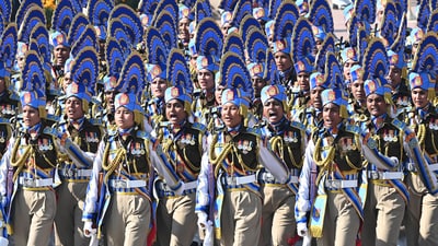 A contingent of the All Women CRPF personnel marches past the saluting Base during the Republic Day Parade 2025, at Kartavya Path, in New Delhi (Arvind Yadav/ Hindustan Times) A contingent of the All Women CRPF personnel marches past the saluting Base during the Republic Day Parade 2025, at Kartavya Path, in New Delhi (Arvind Yadav/ Hindustan Times)