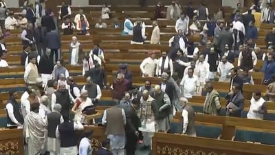 Union finance minister Nirmala Sitharaman being greeted by her cabinet colleagues in the Lok Sabha after presenting Budget 2025. (screengrab) Union finance minister Nirmala Sitharaman being greeted by her cabinet colleagues in the Lok Sabha after presenting Budget 2025. (screengrab)