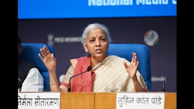 Union Finance Minister Nirmala Sitharaman during Post Budget Press Conference at National Media Centre, in New Delhi, on Saturday. (Hindustan Times) Union Finance Minister Nirmala Sitharaman during Post Budget Press Conference at National Media Centre, in New Delhi, on Saturday. (Hindustan Times)