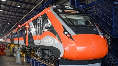 A view of newly manufactured Vande Bharat Express with new features specially designed for operation in mountainous and ultra-cold areas at Shakurbasti in New Delhi. (Sanchit Khanna/Hindustan Times)