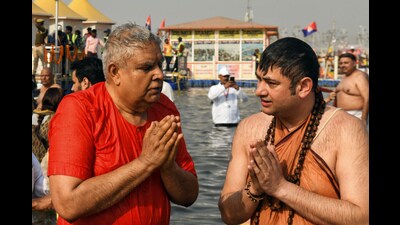 Vice president Jagdeep Dhankar takes a dip at Triveni Sangam during the ongoing Mahakumbh on Saturday. (ANI)
