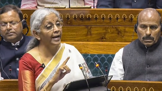 Union Finance Minister Nirmala Sitharaman presents the Union Budget 2025-26 in the Lok Sabha, in New Delhi, Saturday, Feb. 1, 2025. (Sansad TV)