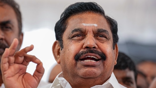Tamil Nadu Assembly LoP Edappadi K. Palaniswami addresses a press conference after staging a walkout from the assembly during the Budget Session in Chennai. (PTI)