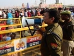Police personnel closed all the pontoon bridges to stop the devotees towards the Sangam area a day before the third Amrit bath on 'Basant Panchami' during Mahakumbh Mela in Prayagraj, Uttar Pradesh.