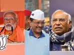 Prime Minister Narendra Modi (Left), AAP national convenor Arvind Kejriwal (Centre), and Congress chief Mallikarjun Kharge (Right). Prime Minister Narendra Modi (Left), AAP national convenor Arvind Kejriwal (Centre), and Congress chief Mallikarjun Kharge (Right).