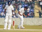Railways' Himanshu Sangwan celebrates the wicket of Delhi's Virat Kohli at the Arun Jaitley Stadium on Friday. Railways' Himanshu Sangwan celebrates the wicket of Delhi's Virat Kohli at the Arun Jaitley Stadium on Friday.